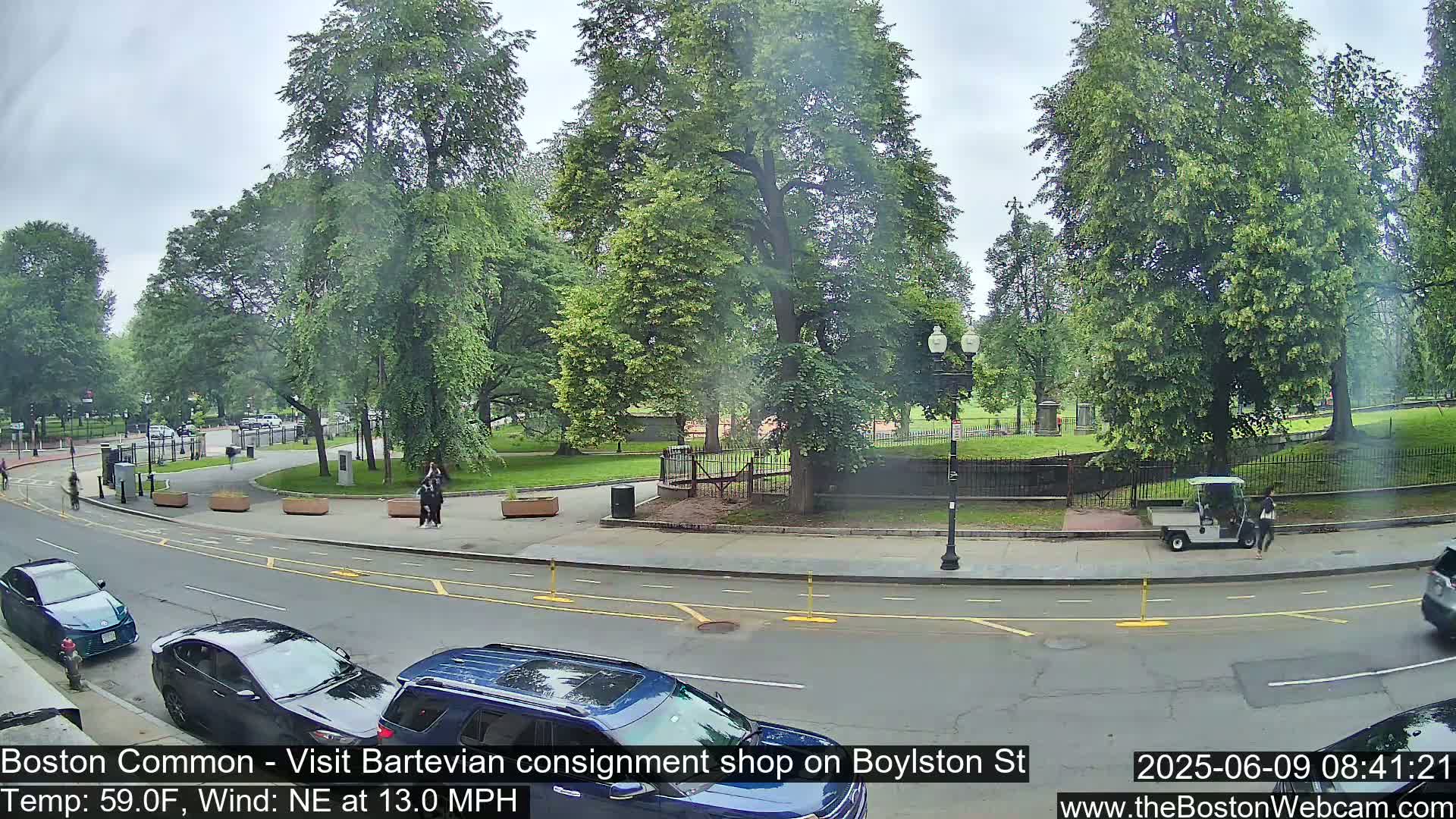 A partly cloudy day shows a street scene with cars parked and driving, people walking near green space and trees, and a small golf cart on a sidewalk.