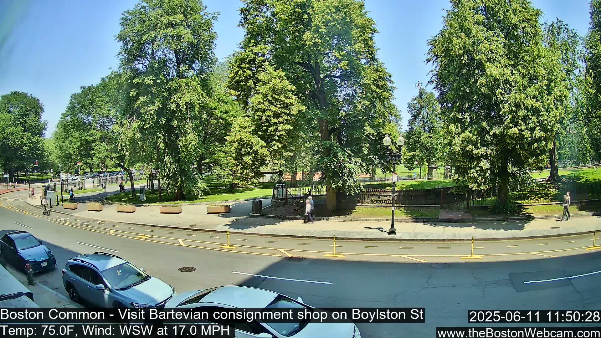 A sunny, breezy day shows a city street scene with parked cars and pedestrians near a lush green park.