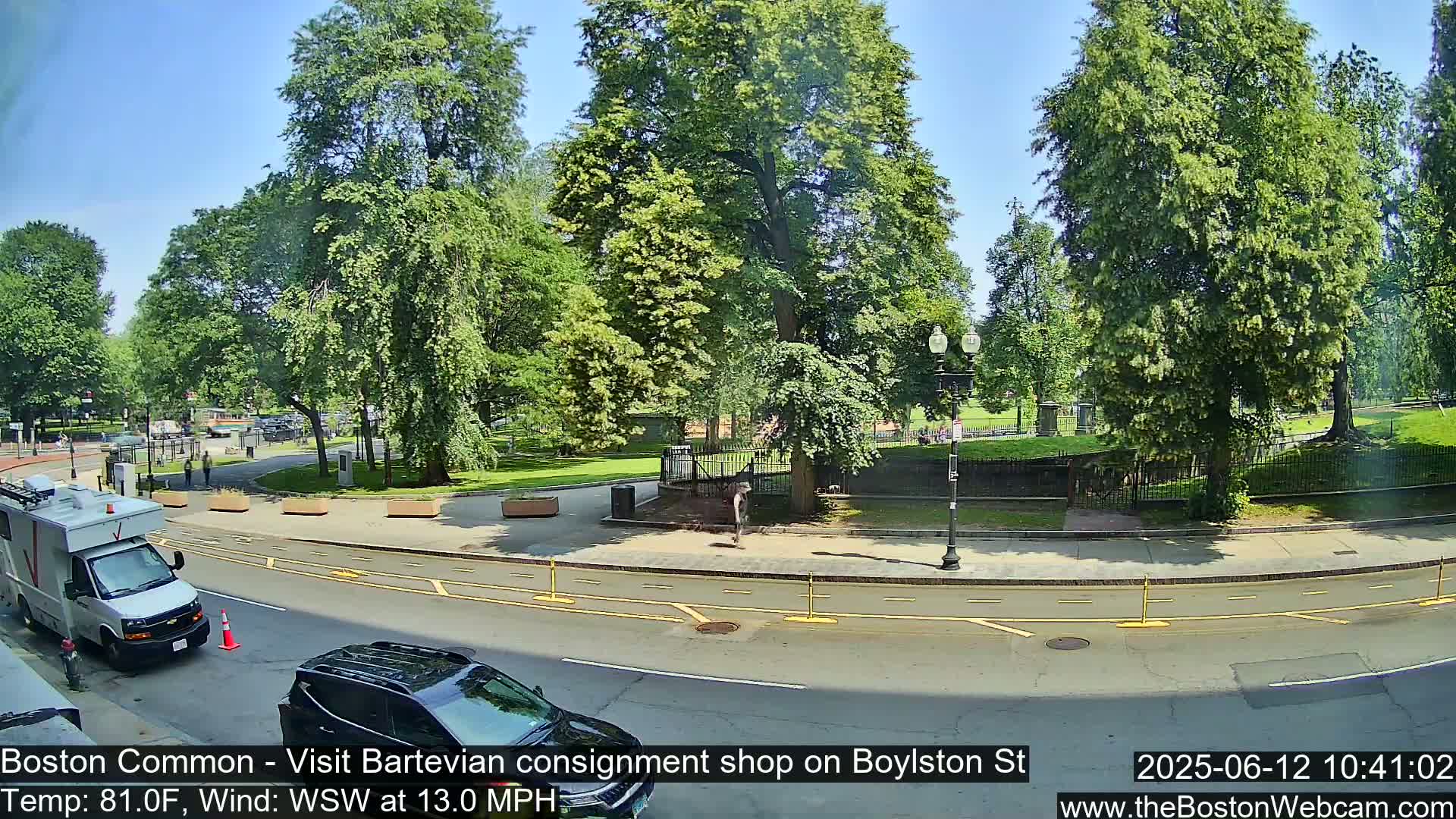 A sunny day shows a street scene with lush green trees lining a park and roadway; a dark-colored SUV is parked near a white van.