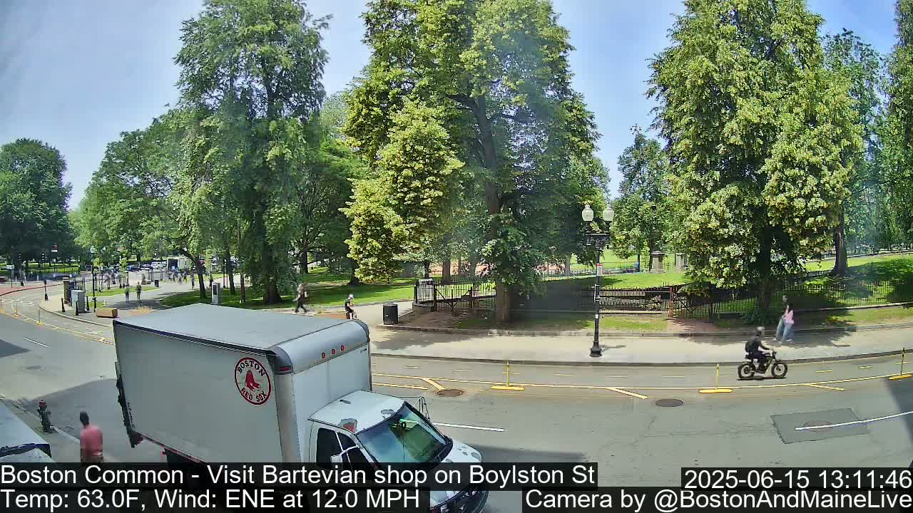 A sunny day with a 12 mph east-northeast wind shows a street scene with a large truck, a few pedestrians, and a person on a motorcycle near a park filled with lush green trees.