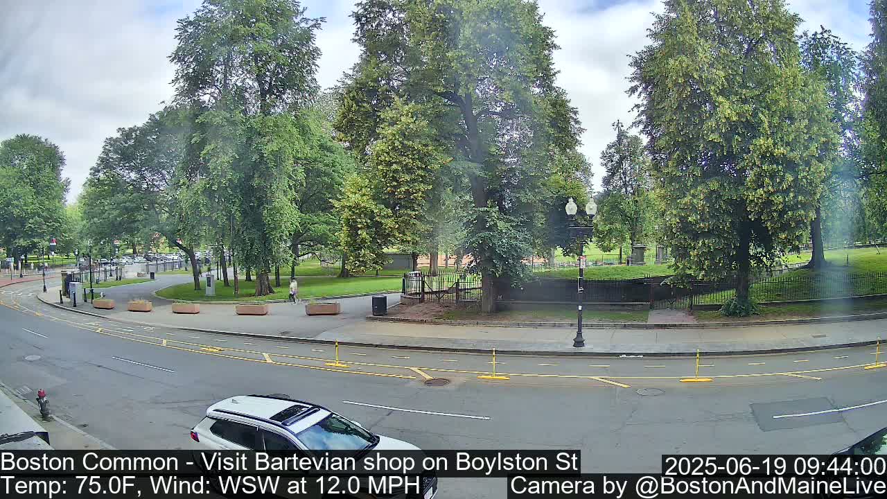 A partly cloudy day shows a street scene with a white SUV, pedestrians, and lush green trees bordering a park-like area.