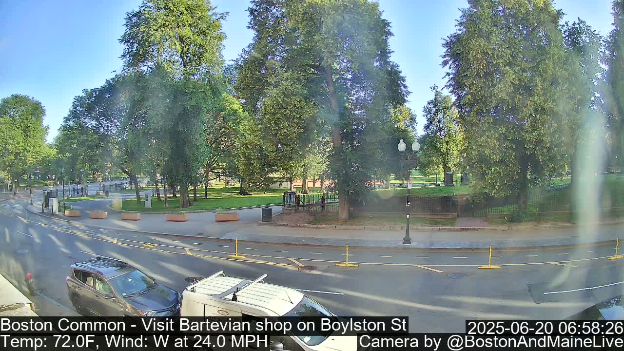 A sunny day with a 24 mph westerly wind shows a park with green trees and a street with cars.