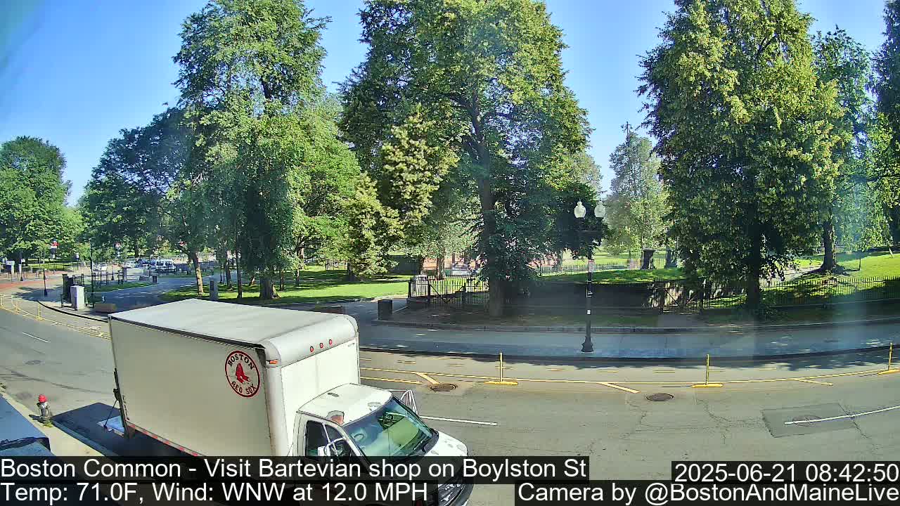 A white box truck is stopped at a street corner on a sunny day, next to a park with lush green trees.