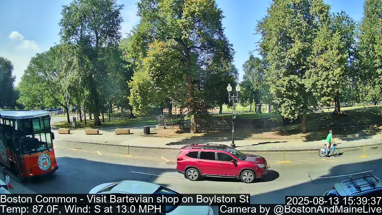A red SUV, a bicycle rider, and a trolley are visible on a sunny street next to a park with lush green trees under a clear sky, with a south wind of 13 mph.