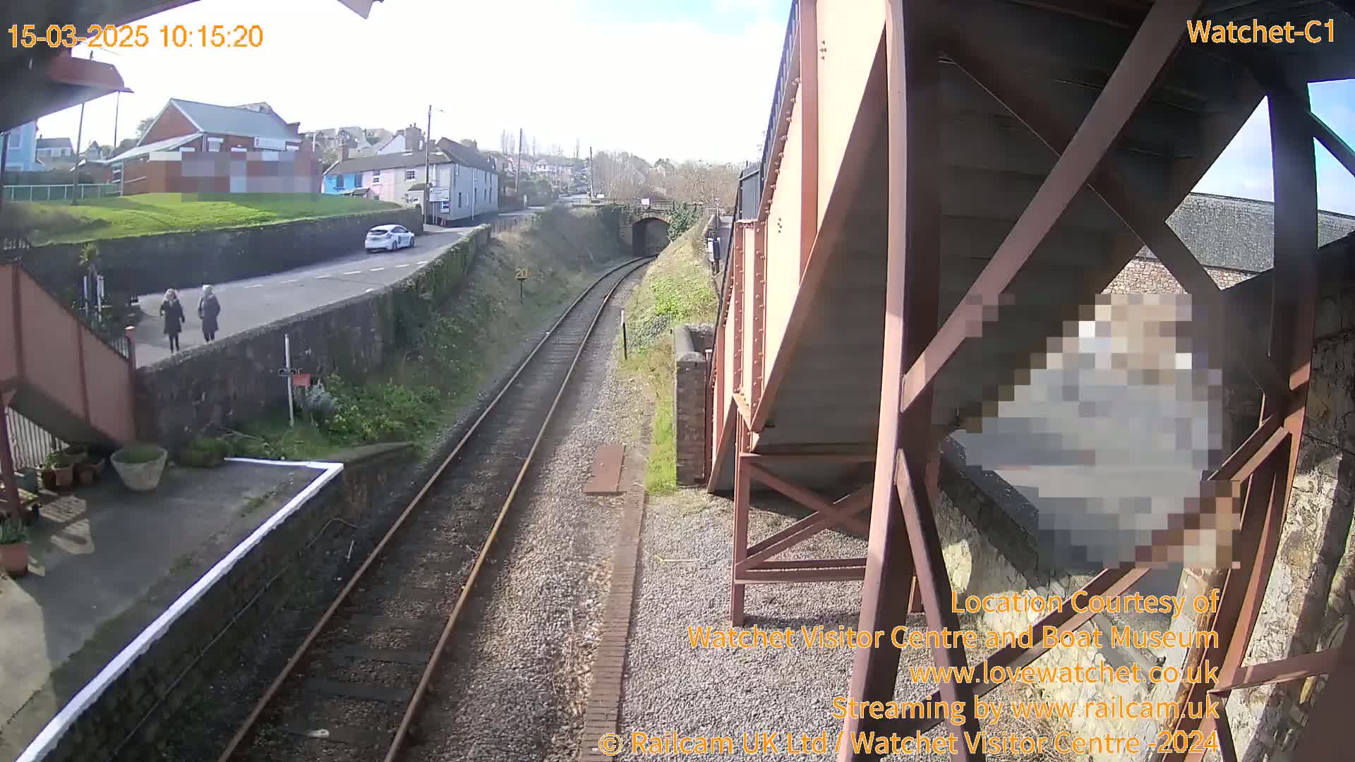 A sunny view of a railway track and station platform, with two people walking and a car parked on a nearby road.