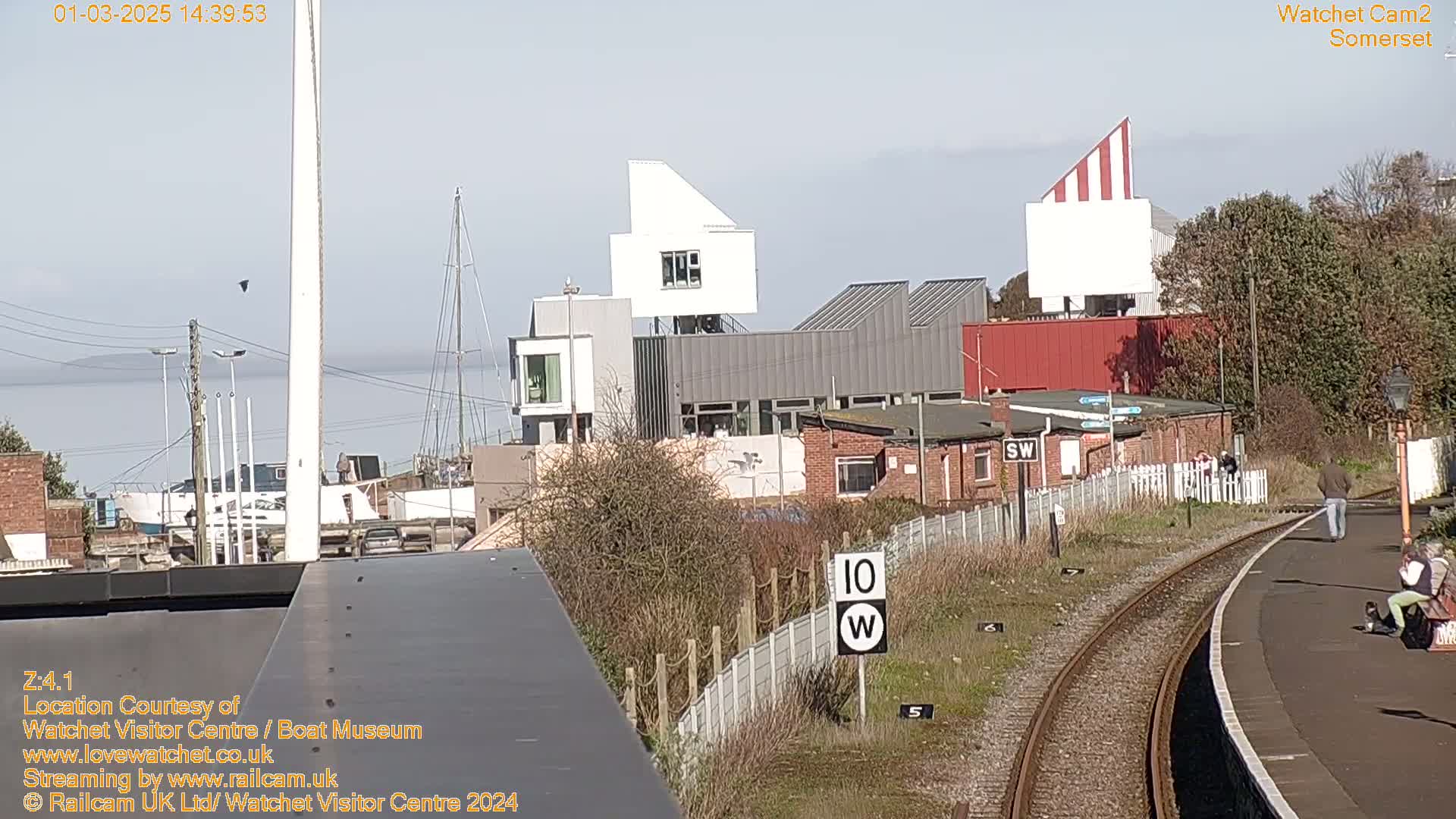 A sunny view of a harbor, modern buildings, and a train station with people walking nearby.
