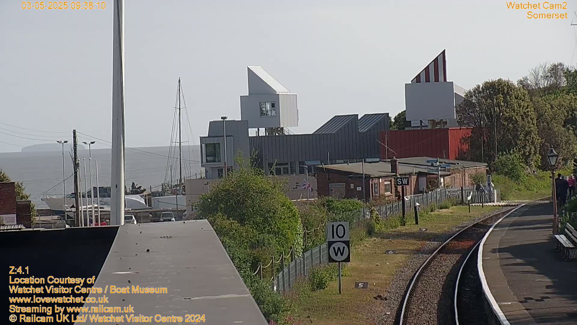 A partly sunny view of a harbor with boats, modern buildings, and train tracks, with some people visible near the tracks.