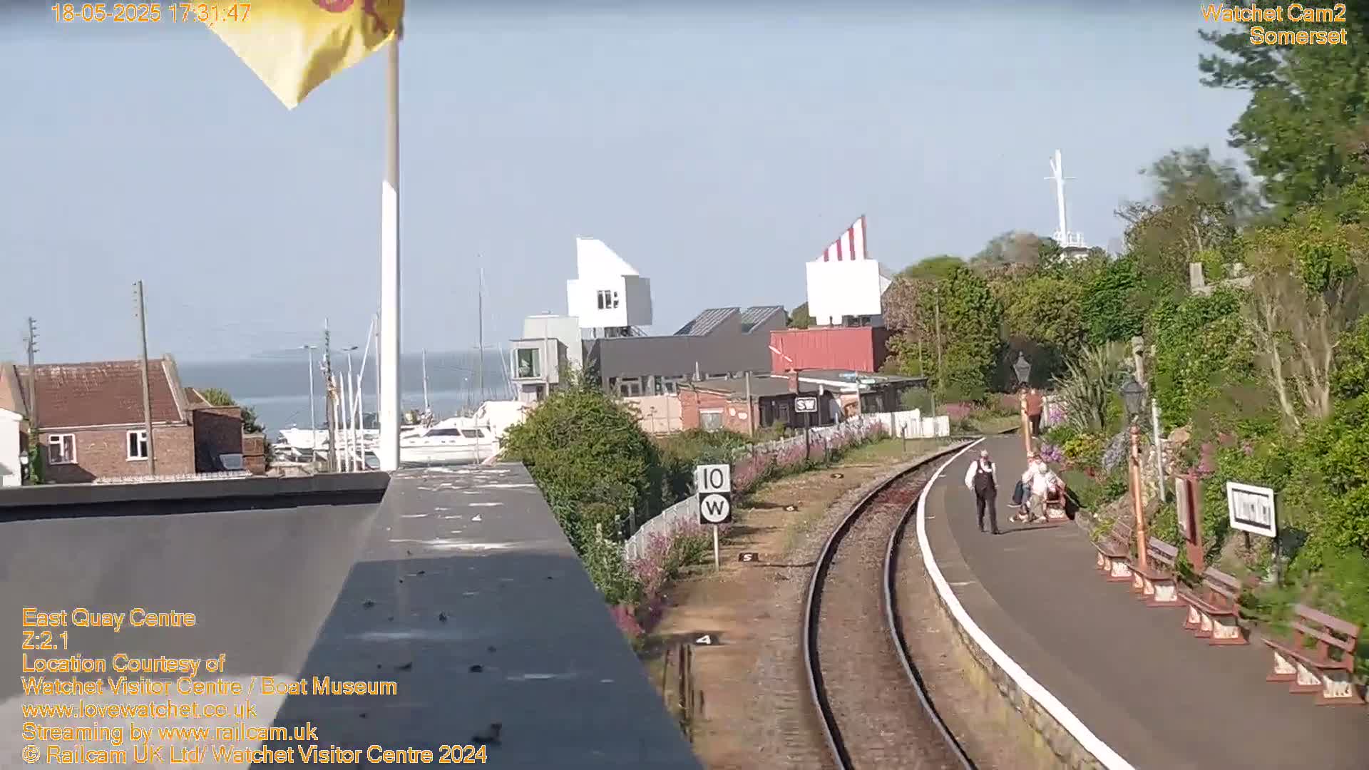 A sunny day at a train station overlooking a harbor with boats, modern buildings, and several people walking on the platform.