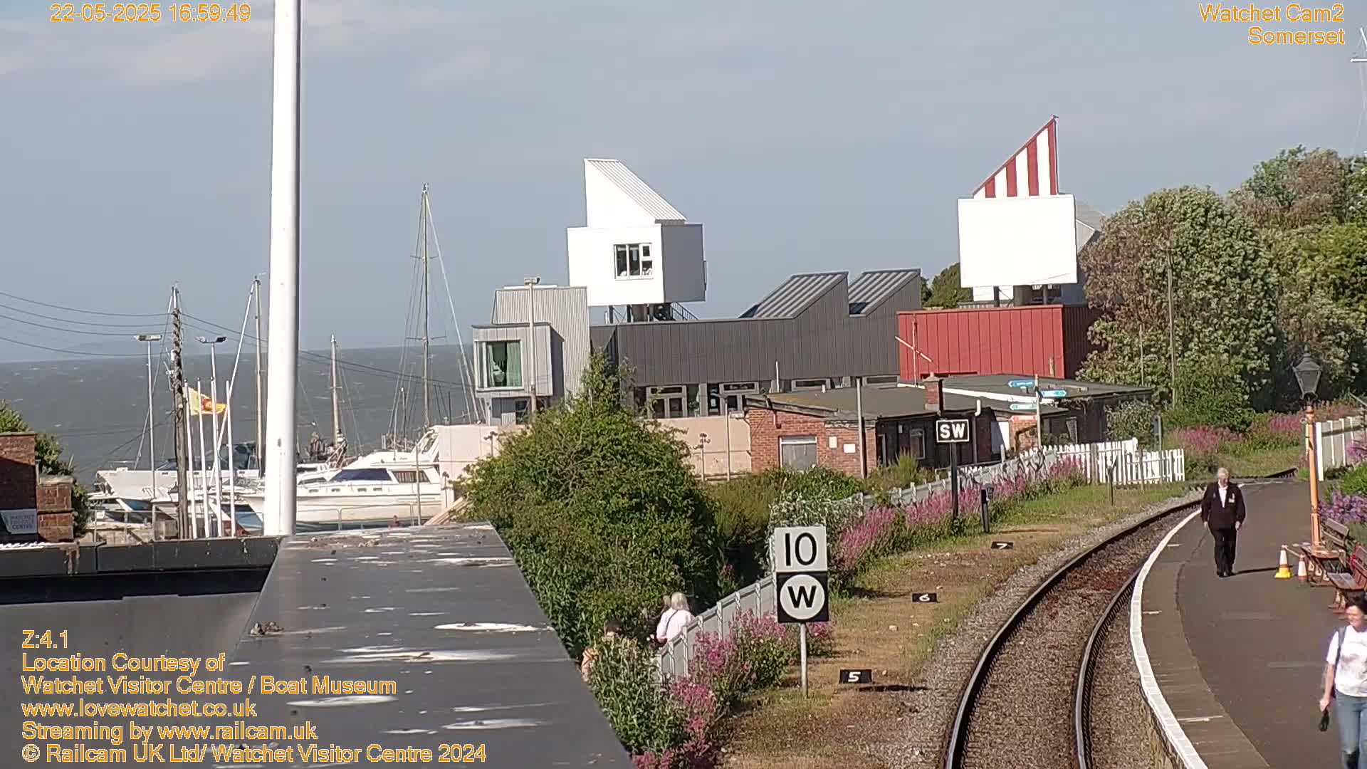 A sunny day overlooking a harbor with boats, modern buildings, and a train track with people walking along a platform.