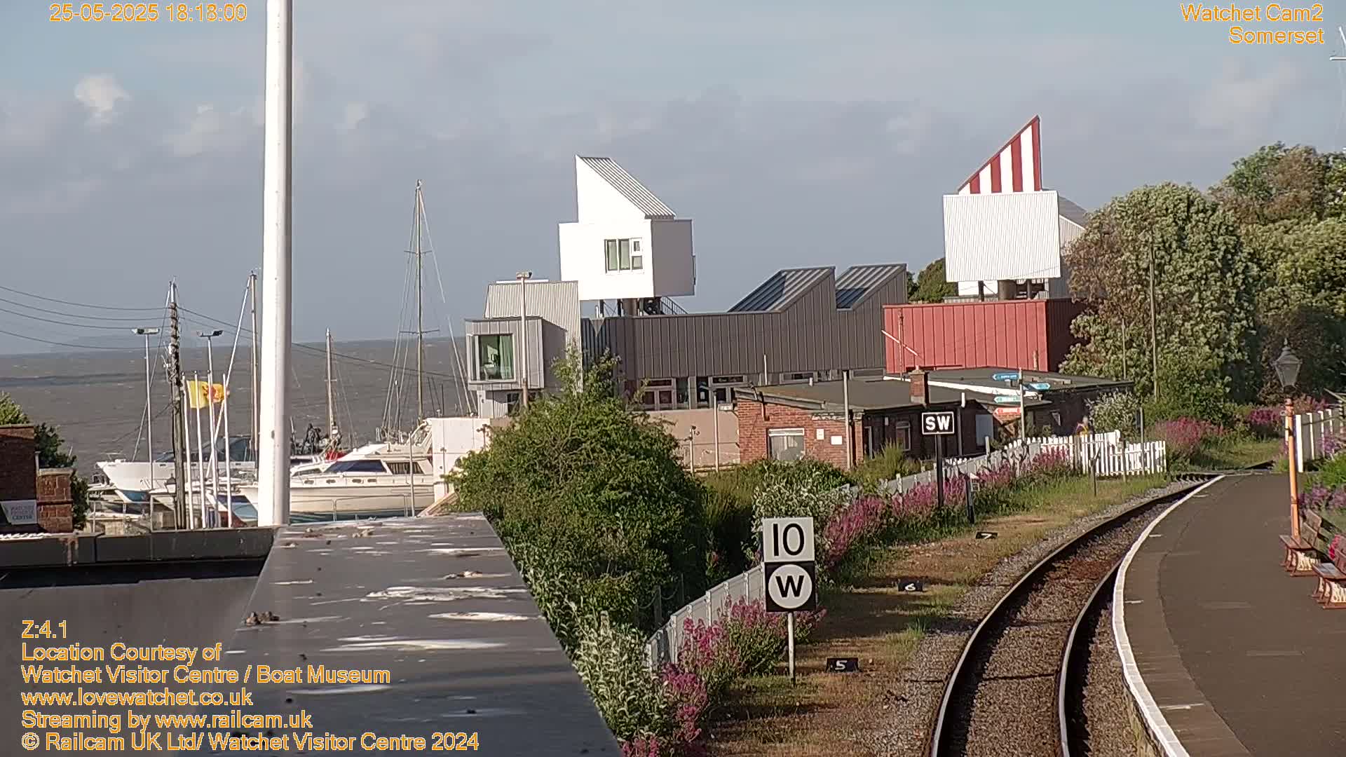 A waterfront scene with modern buildings, a marina filled with boats, a railway track, and blooming purple flowers under a mostly clear sky.