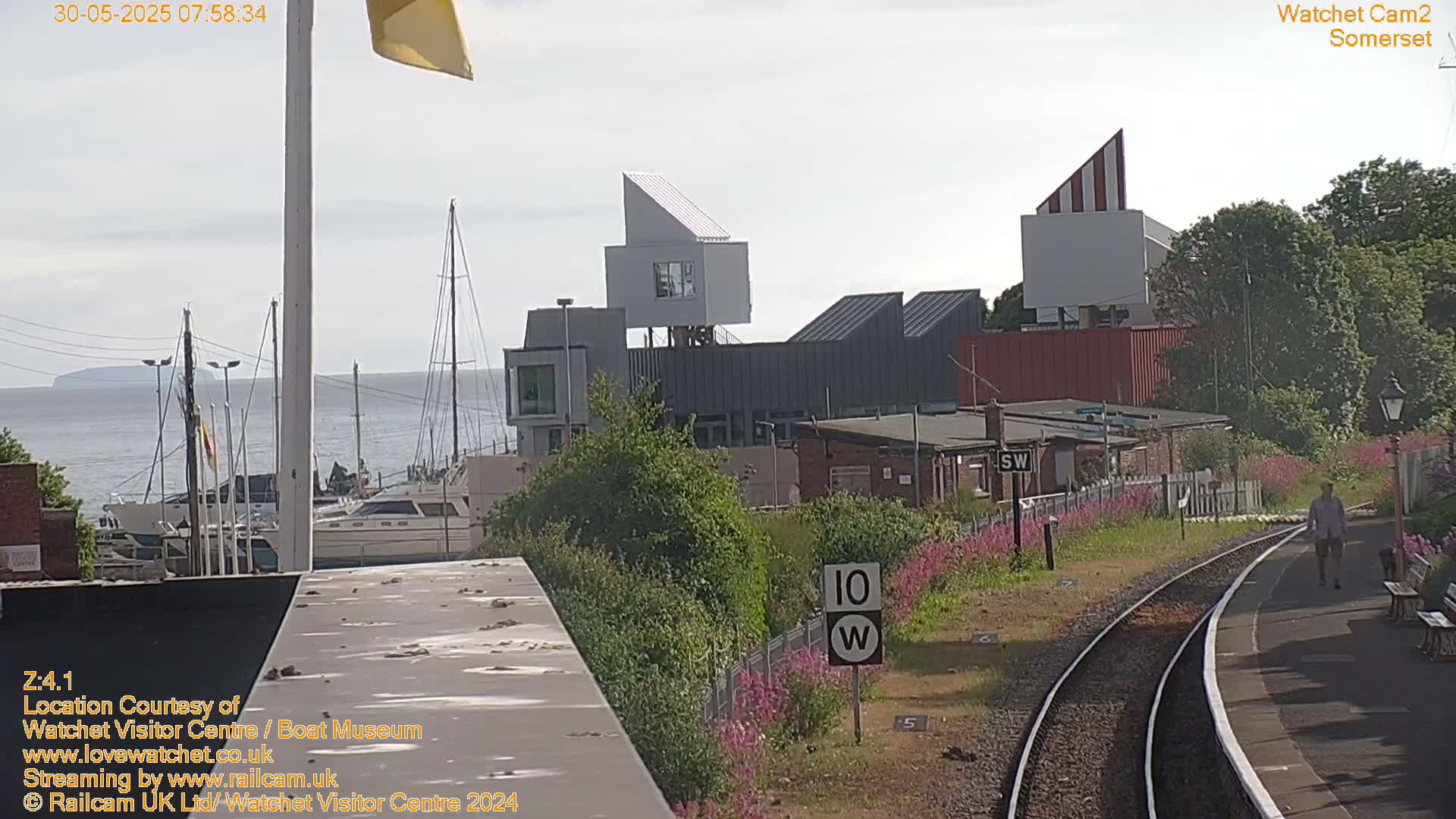 A view from a train shows a harbor with boats, modern buildings, and a person walking along a train platform on a partly sunny day.
