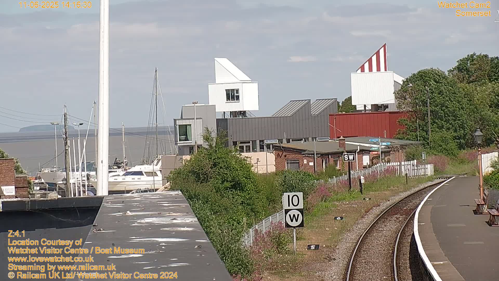 A sunny day overlooking a harbor with moored boats, modern buildings, a railway track, and a speed limit sign.