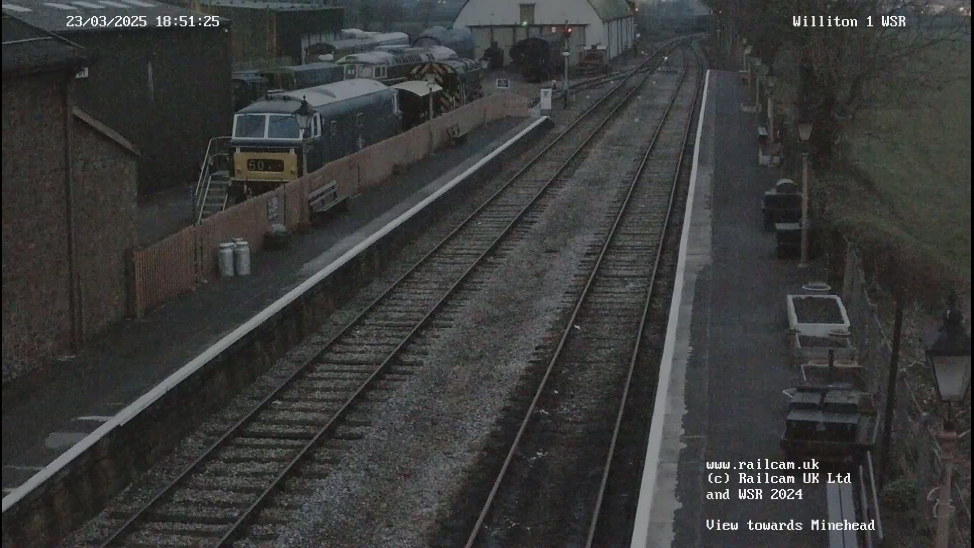 A train sits at a station platform alongside several other railcars on a gloomy day.