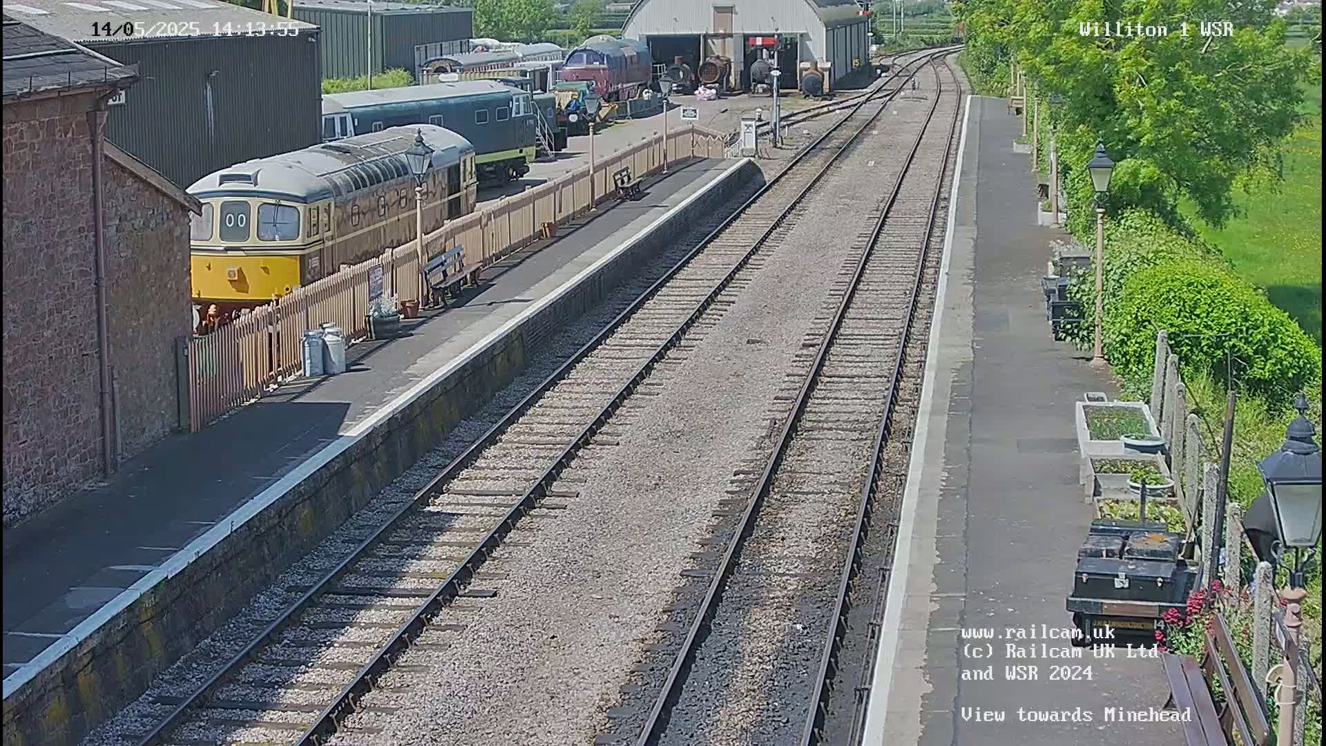 A yellow and brown diesel locomotive sits at a sunny train station with multiple train tracks and several other train cars visible in the background.