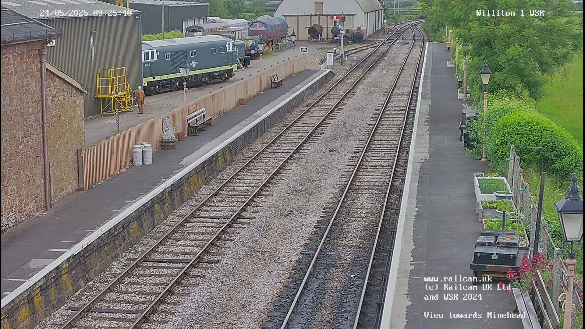 A railway platform with multiple train tracks extends into the distance under a partly cloudy sky, with a dark green diesel locomotive parked nearby and a person standing in the background.