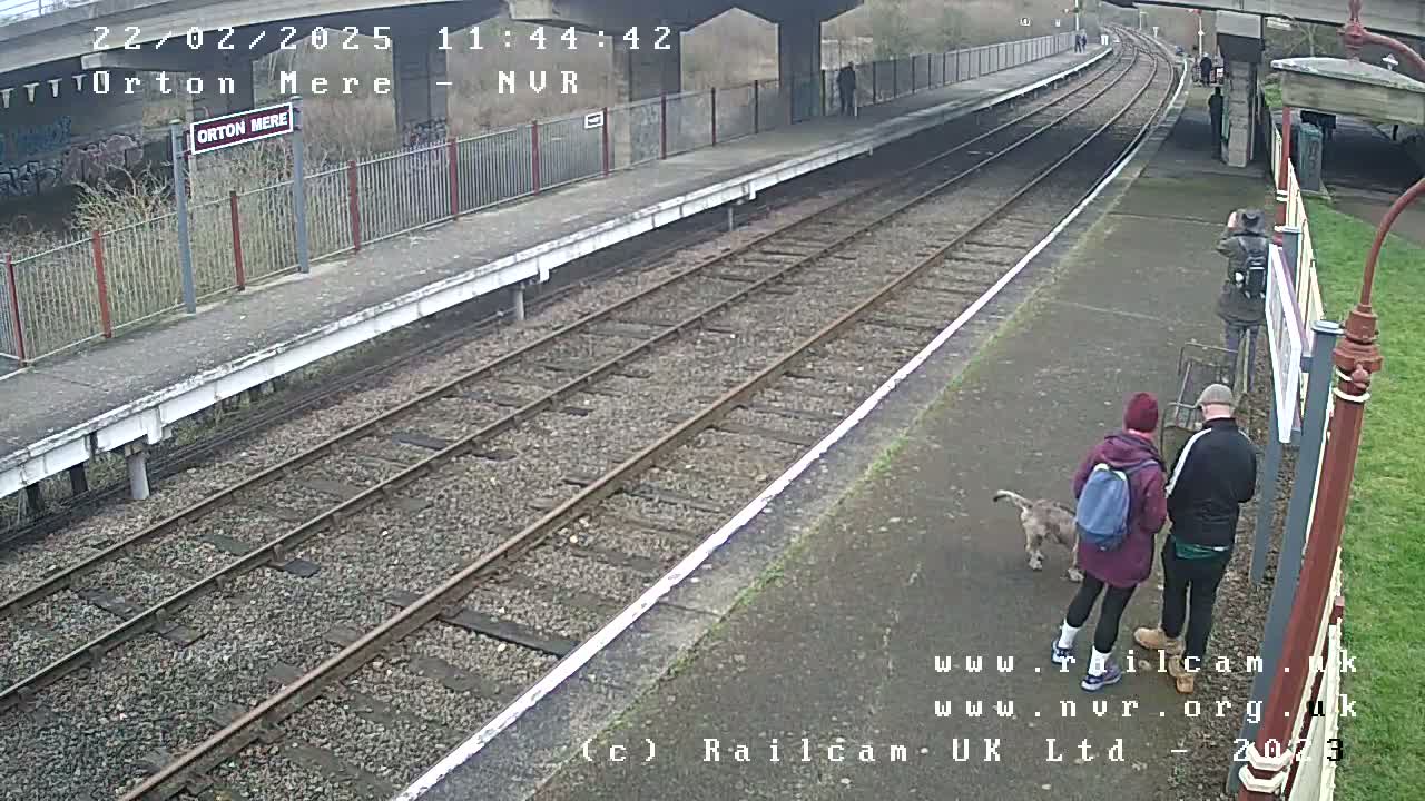 A mostly overcast day at a train station platform shows two people with a dog and several other people in the background, near railway tracks.
