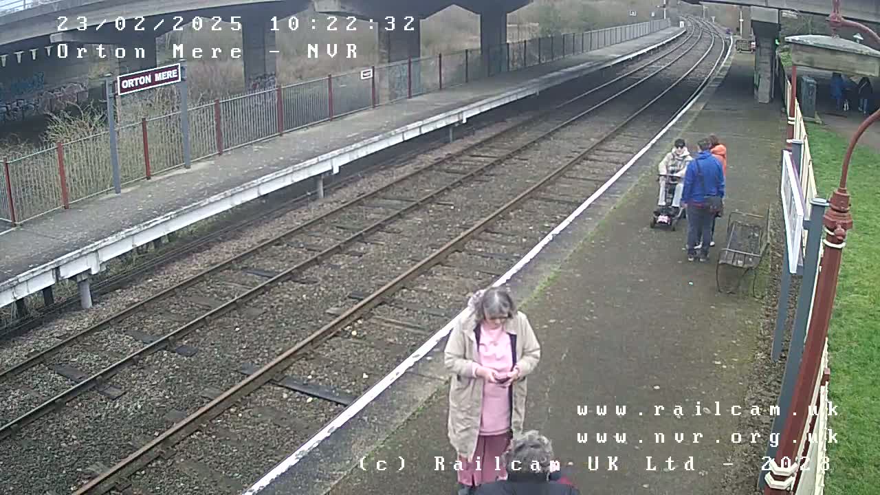 A train platform with several people waiting, including one person in a wheelchair, under an overcast sky.