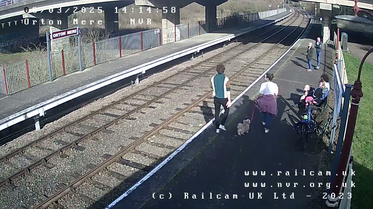 A sunny day at a train station shows several people and a small dog near the train tracks and platform.