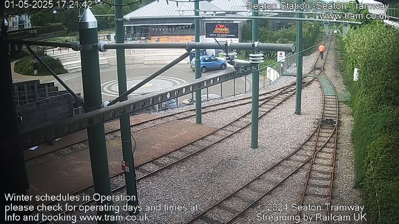 A high-angle view shows a tram station with curving tracks, a person walking along the tracks, and a car parked nearby, all under overcast skies.