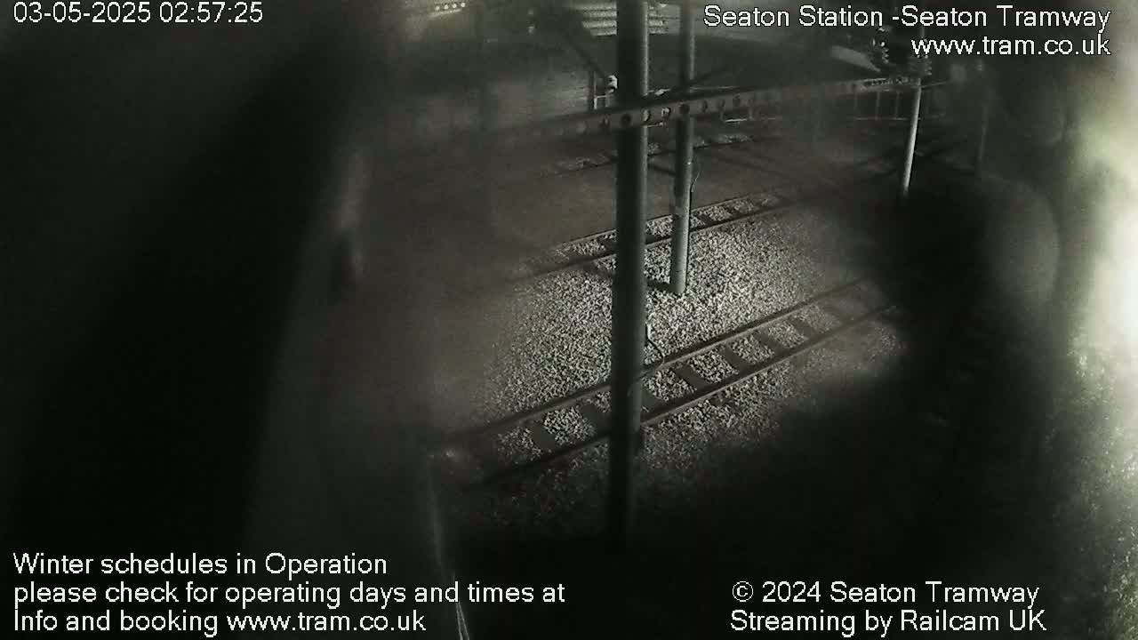 A nighttime, dimly lit view of train tracks and supporting infrastructure.