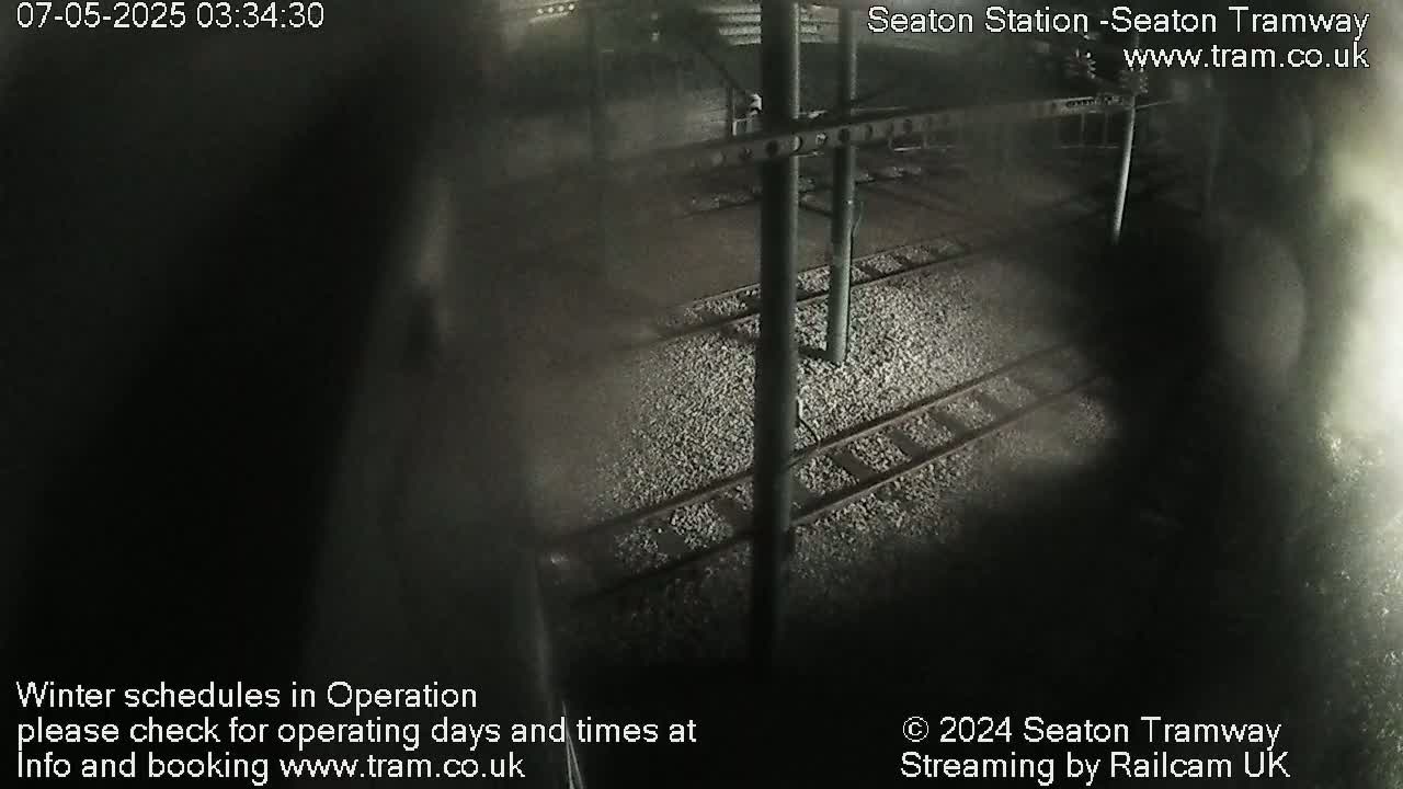 A nighttime, overhead view shows empty train tracks at a station.