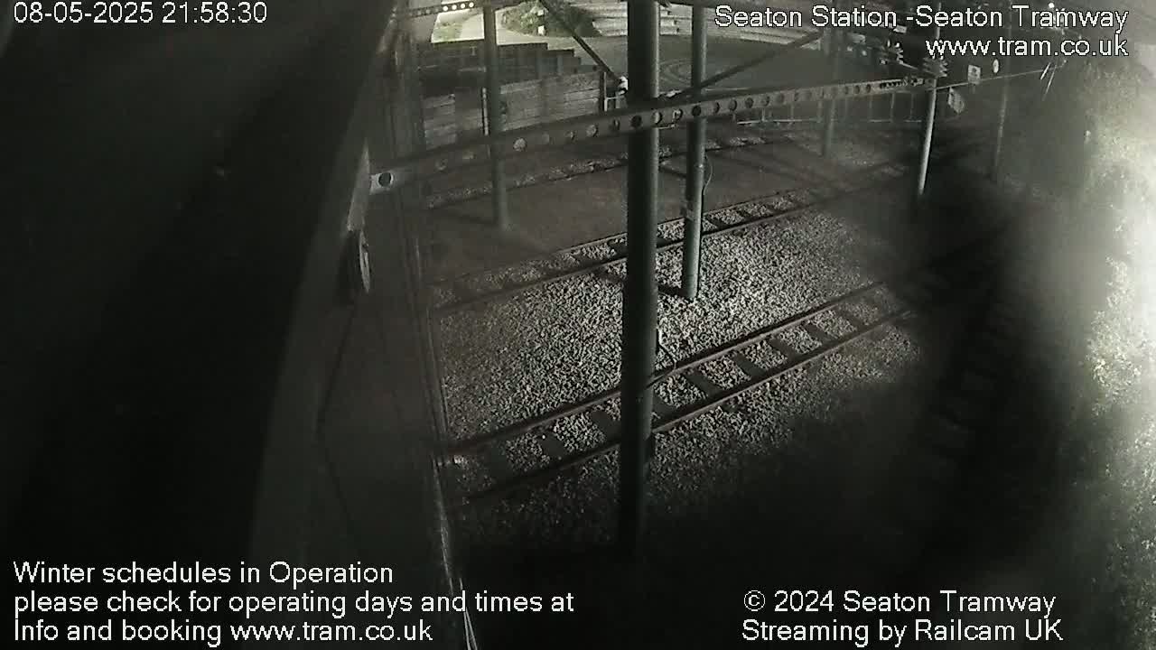 A nighttime, overhead view of train tracks and a gravel-covered platform.