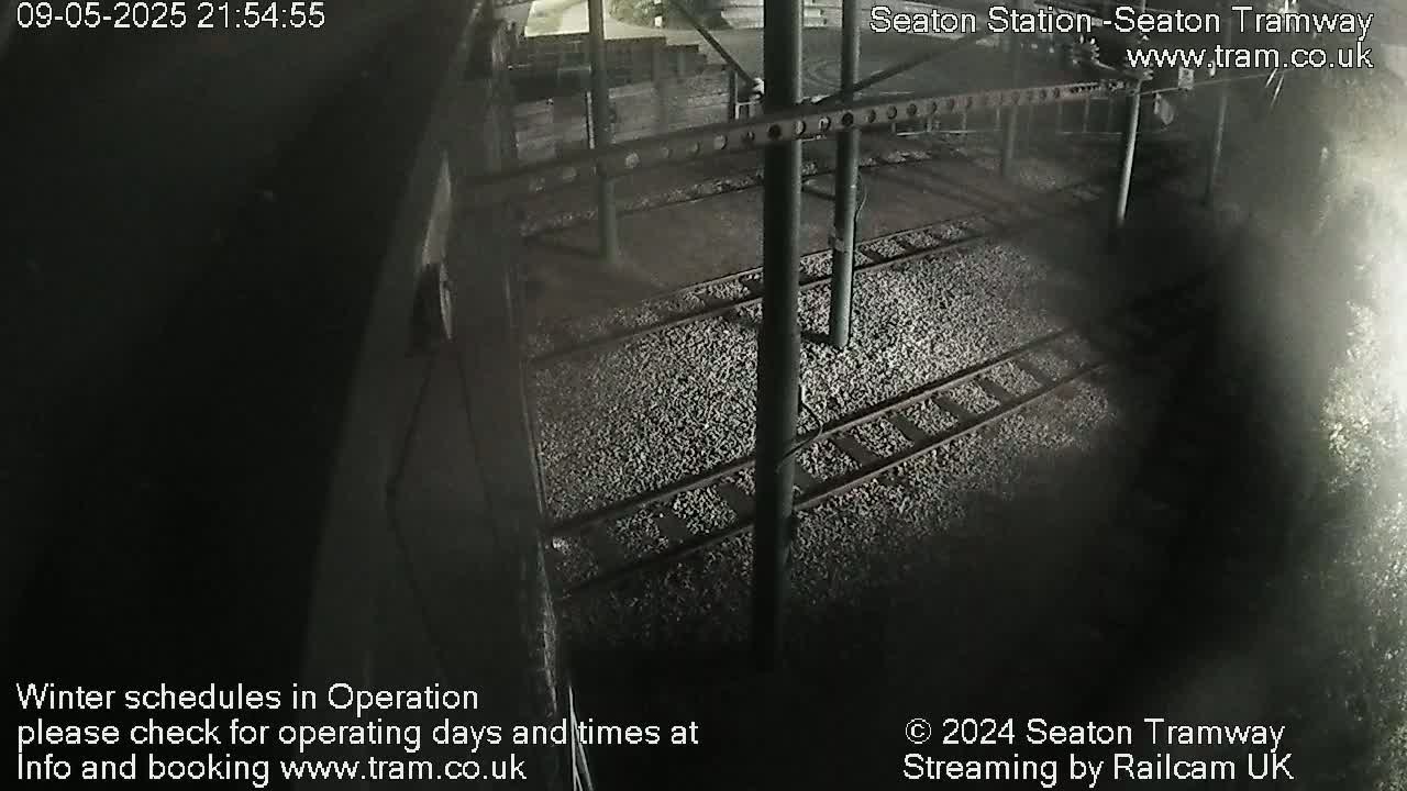 A nighttime, overhead view of train tracks covered in gravel under a dark structure.