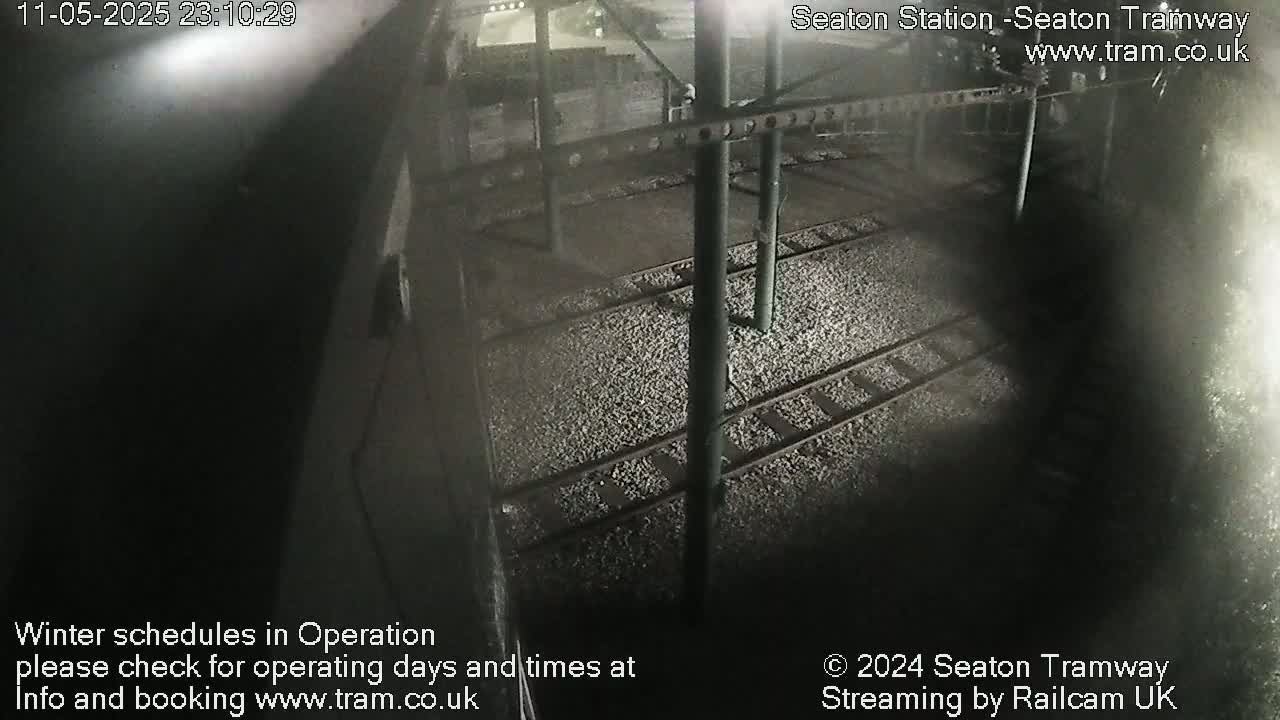 A nighttime, overhead view of empty train tracks at a station.