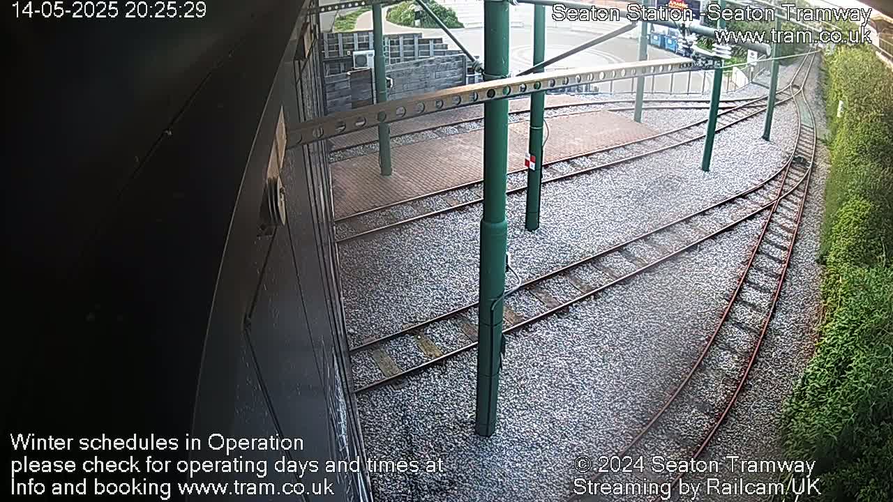 A high-angle view of tram tracks curving to the right, surrounded by gravel and green vegetation.