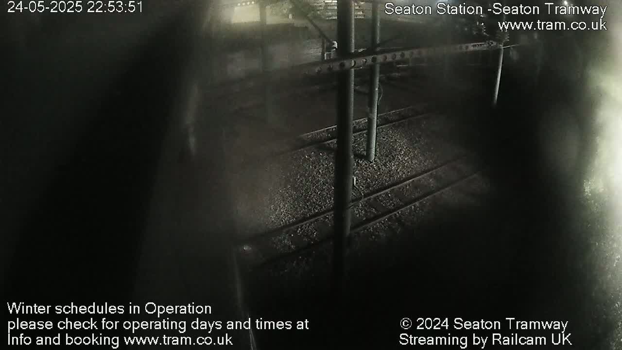 A nighttime, high-angle view of empty train tracks at a station.