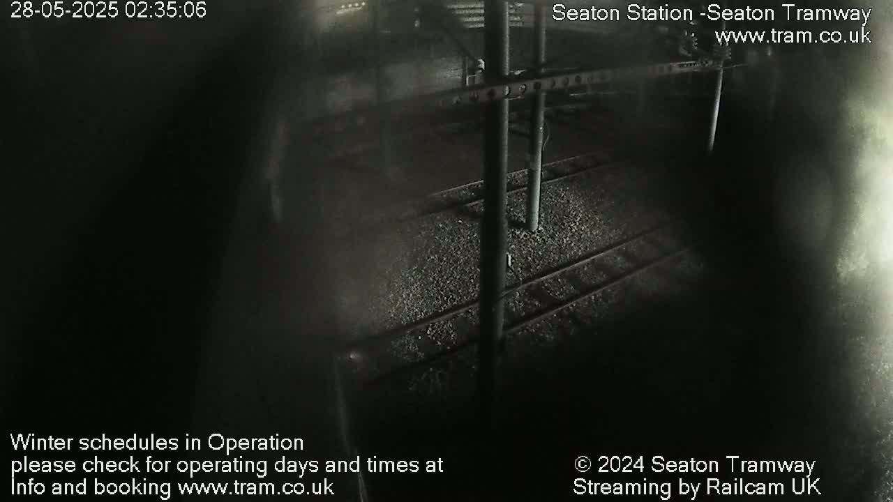 A nighttime, dimly lit view of train tracks and supporting infrastructure.