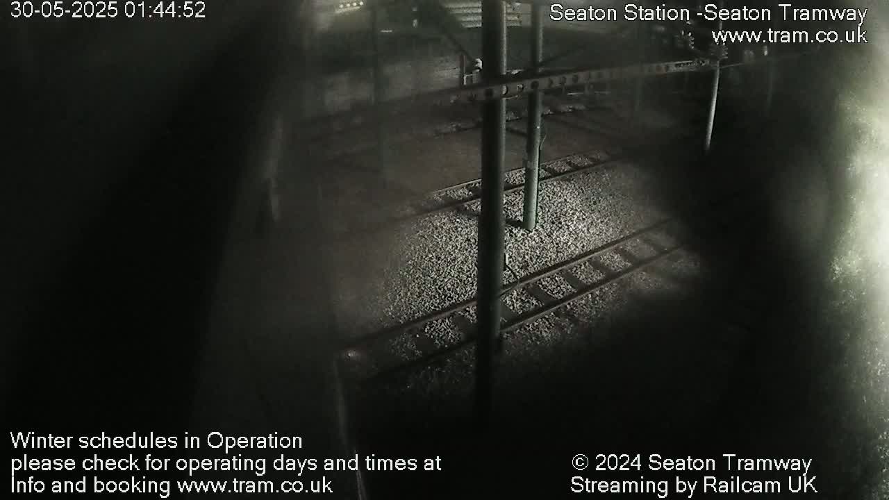 A nighttime, overhead view of empty train tracks at a station, covered in light-colored gravel.