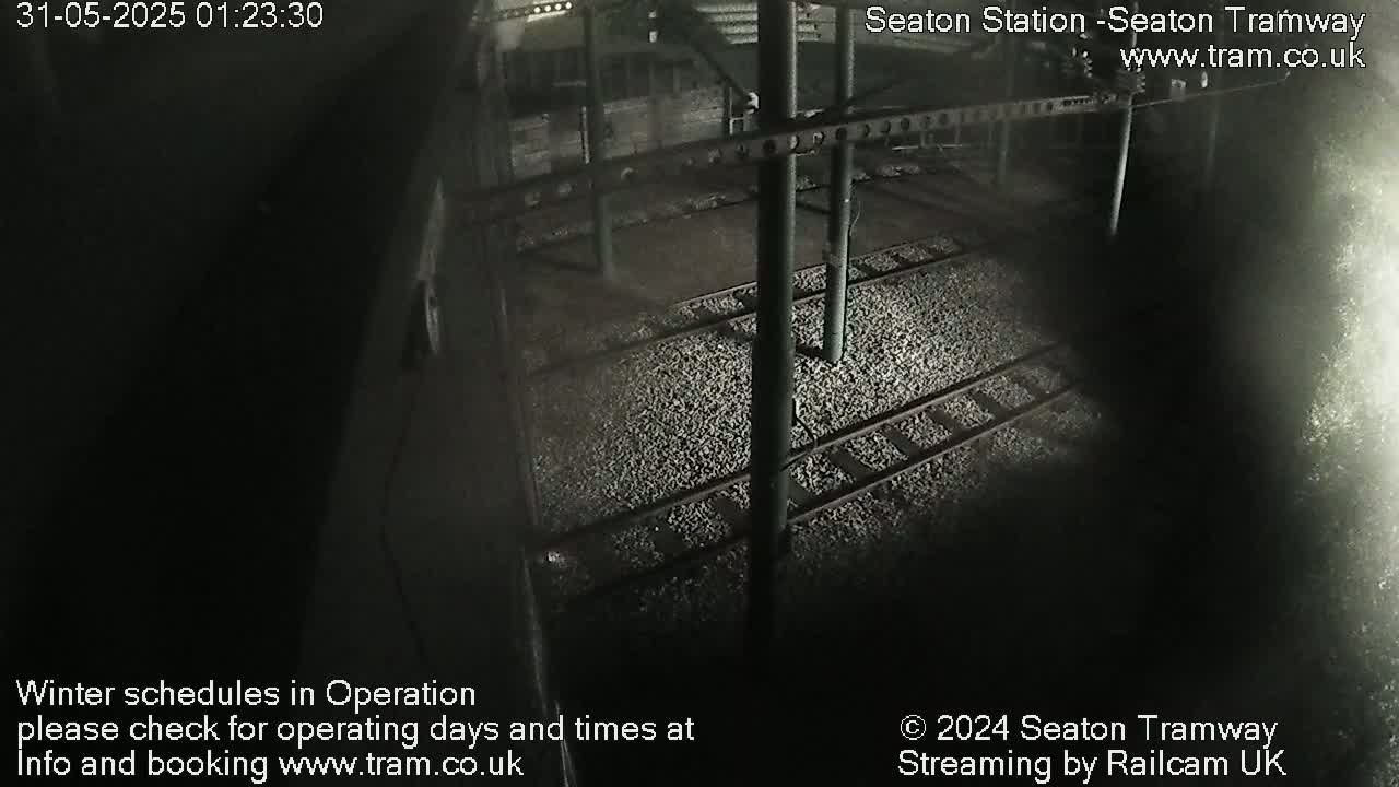 A nighttime overhead view of empty tram tracks covered in ballast.