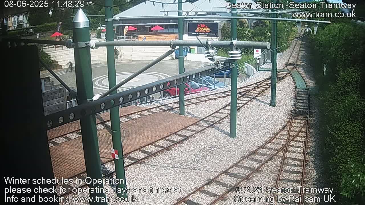 A high-angle view of tram tracks curving around a paved area, with cars parked nearby, under sunny conditions.