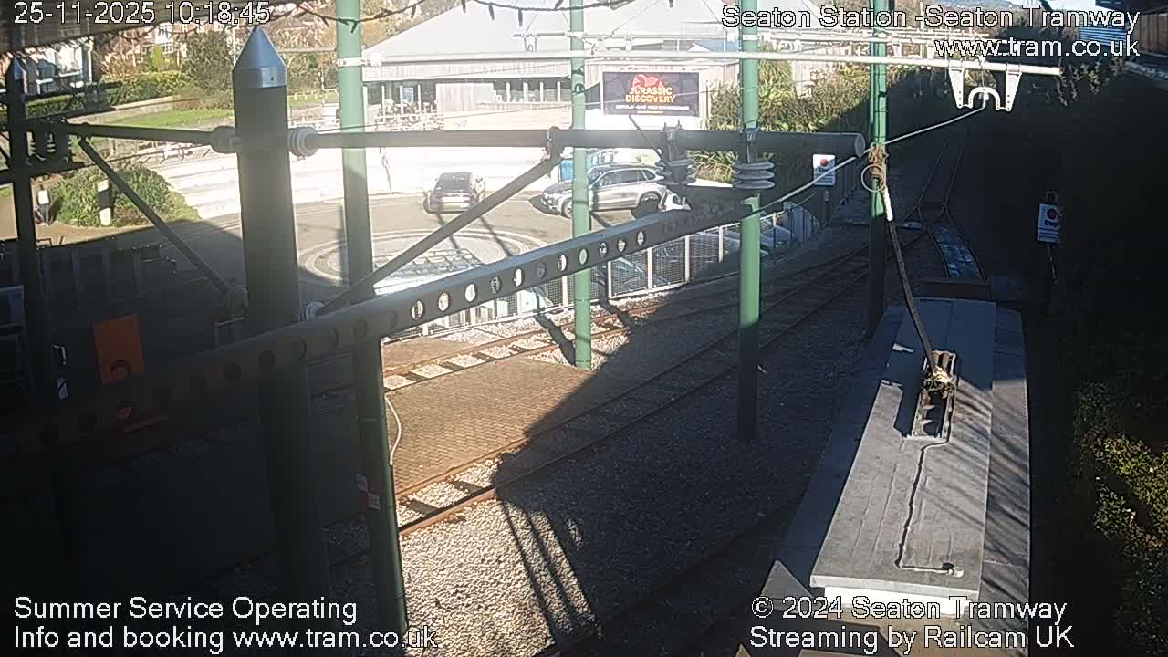 The image presents an overhead view of a tramway station or crossing on a bright, sunny day, featuring tracks and overhead power lines, a road with vehicles, and buildings in the background.