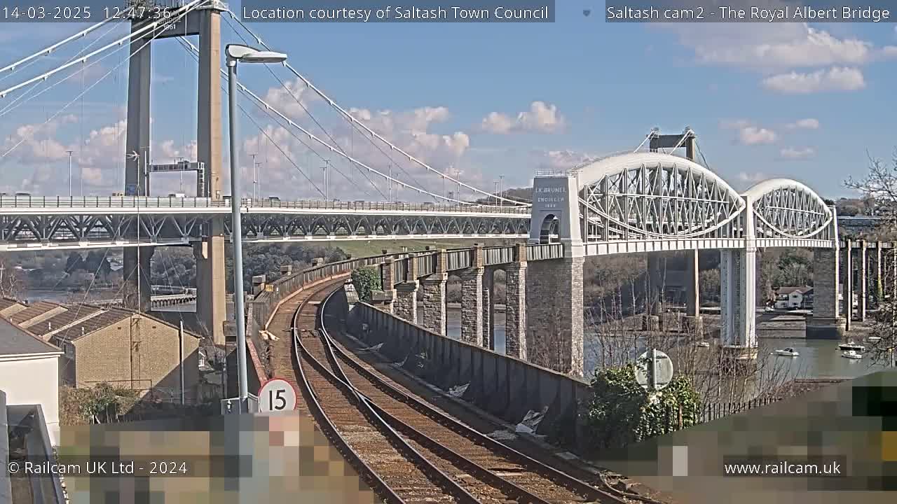 Two bridges span a river under a partly cloudy sky, with railroad tracks in the foreground.