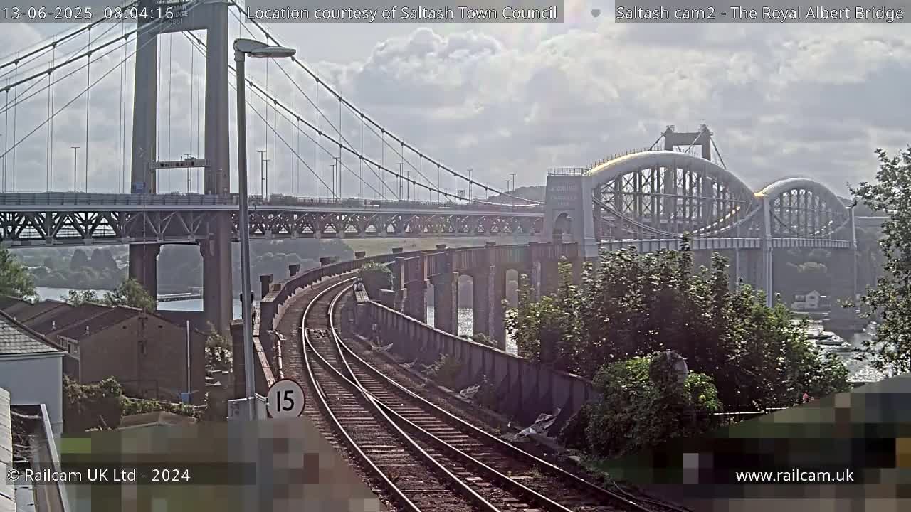 A railway track curves toward two bridges spanning a river under a partly cloudy sky.