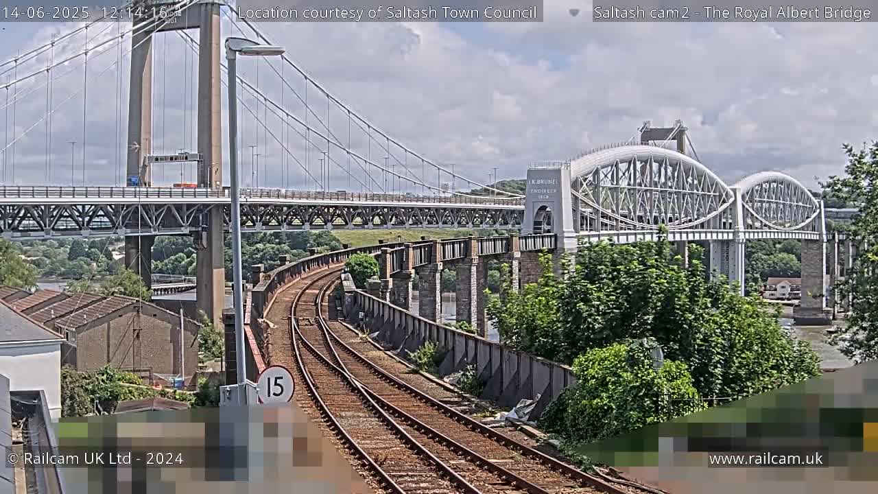 A view of train tracks leading towards two bridges on a partly cloudy day.