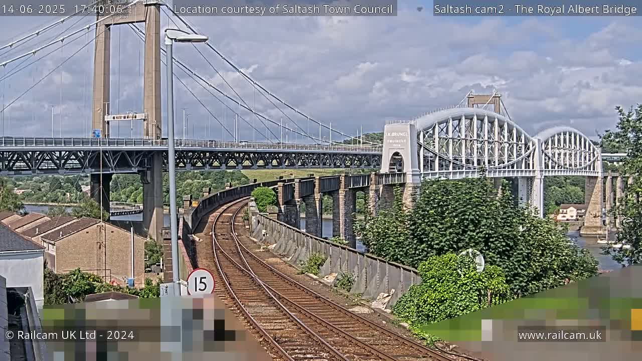 A view of two bridges spanning a river under a partly cloudy sky, with train tracks in the foreground.