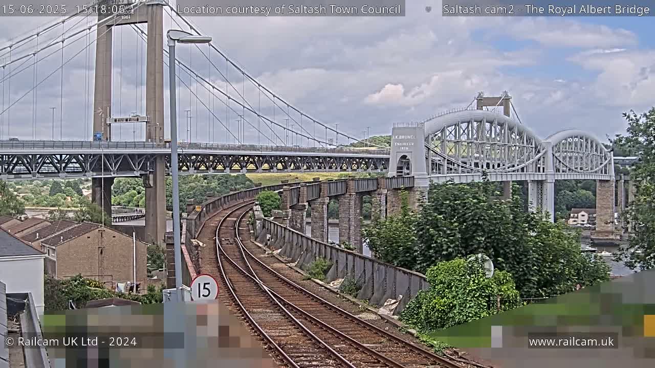 Train tracks curve toward a pair of bridges under a partly cloudy sky.