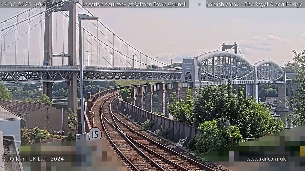 Two bridges, one a suspension bridge and the other an arch bridge, span a river under a partly cloudy sky, with train tracks visible in the foreground.