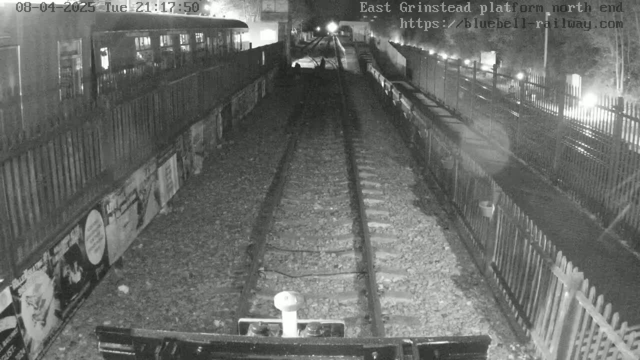 A nighttime view of train tracks at a station platform, with a train visible at the far end and posters along the platform's edge.