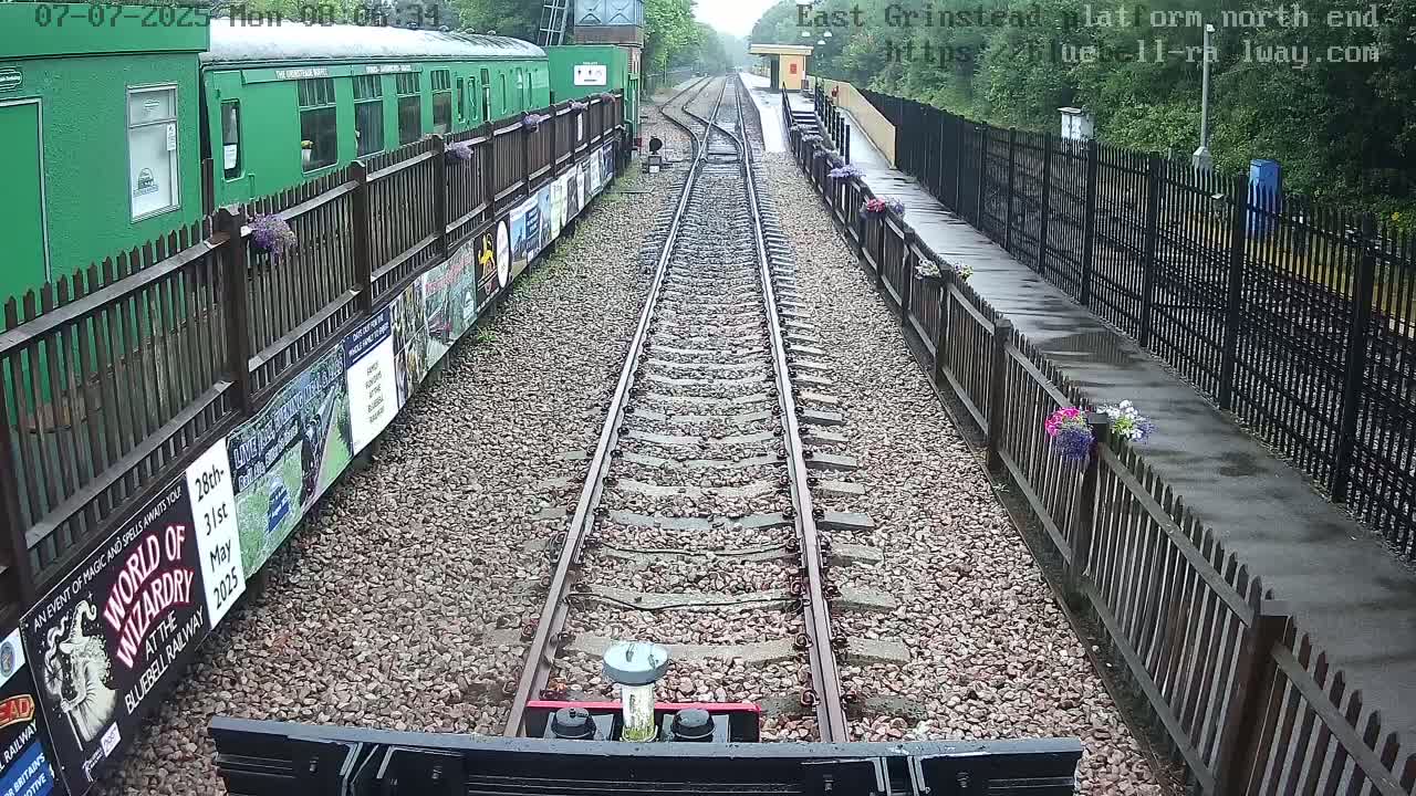 A train travels down a railway track between wooden fences lined with flowers and posters, on a wet day.