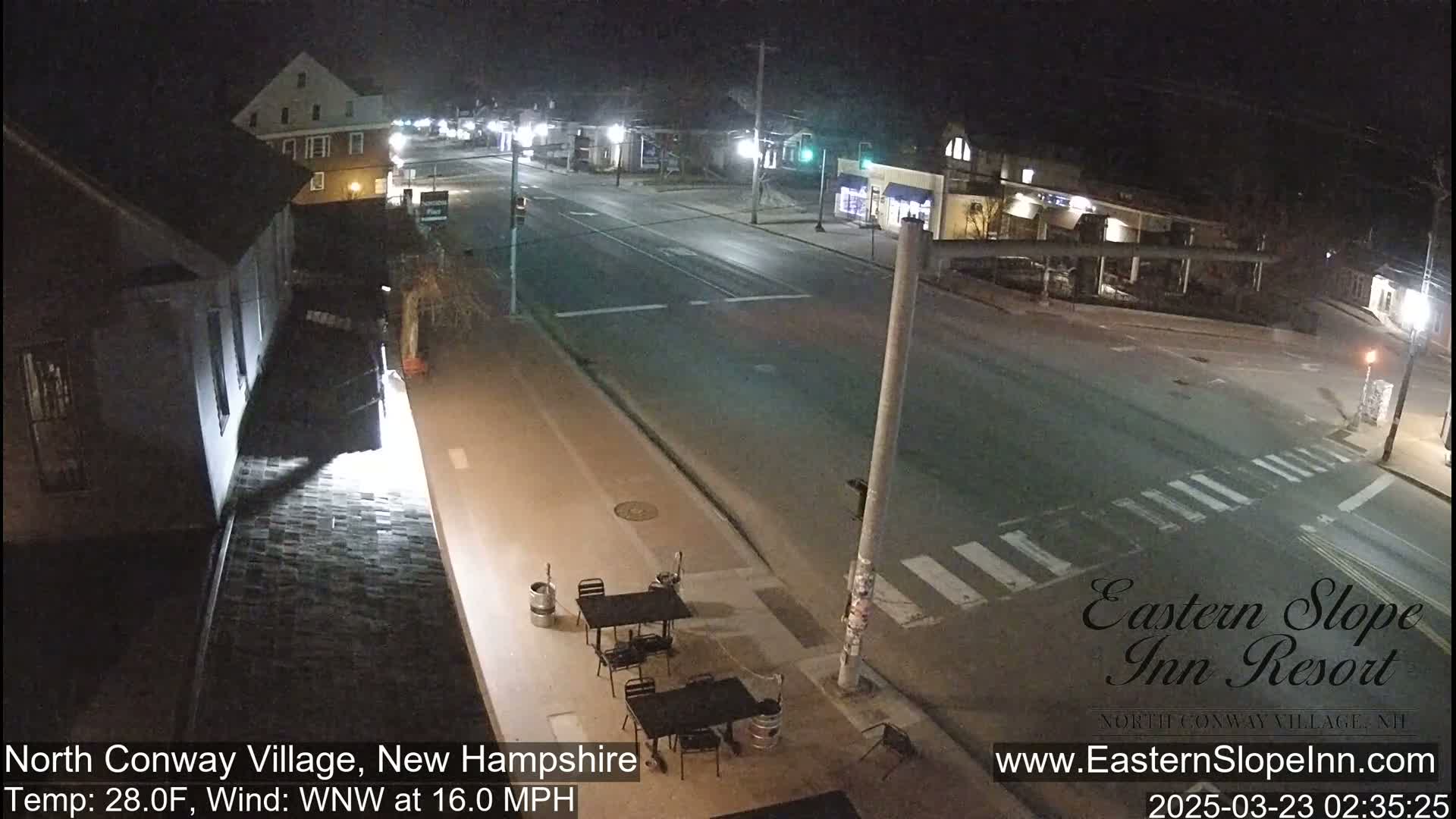 A nighttime, high-angle view of a mostly empty street intersection with a few buildings visible and outdoor seating with tables and chairs in front of a building, under a windy, 28°F weather condition.