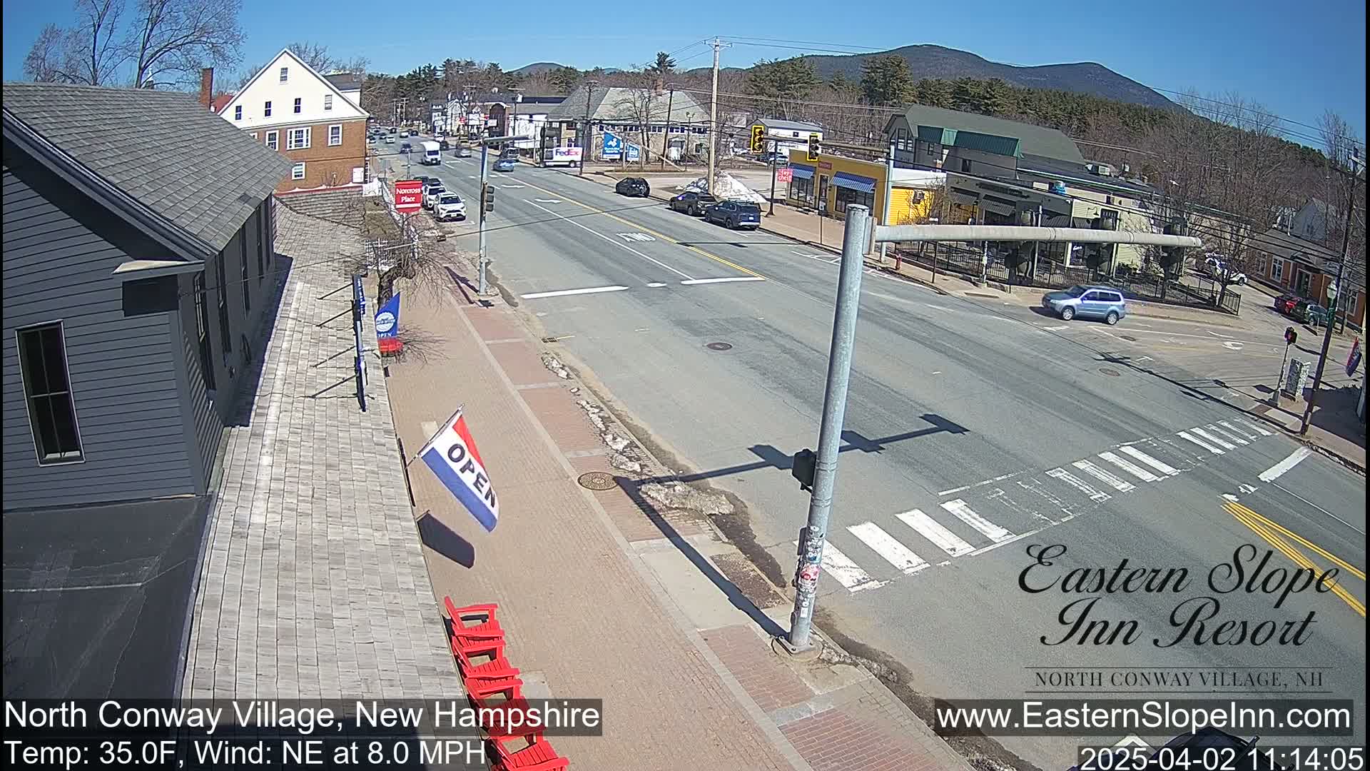 A sunny street scene shows a multi-lane road with several cars, buildings lining both sides of the road, and a few pedestrians at a crosswalk under a clear blue sky.