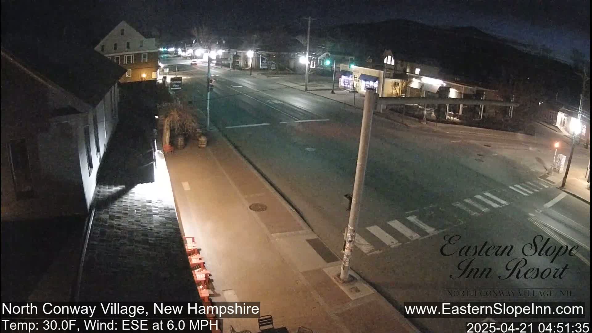 A nighttime, mostly empty street scene with a few buildings and a crosswalk under clear skies, with a light wind.
