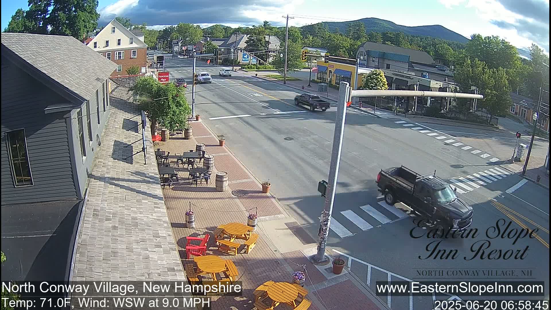 A partly sunny street scene shows a village intersection with several cars and a pickup truck, outdoor seating areas, and buildings, under a partly cloudy sky with a light wind.