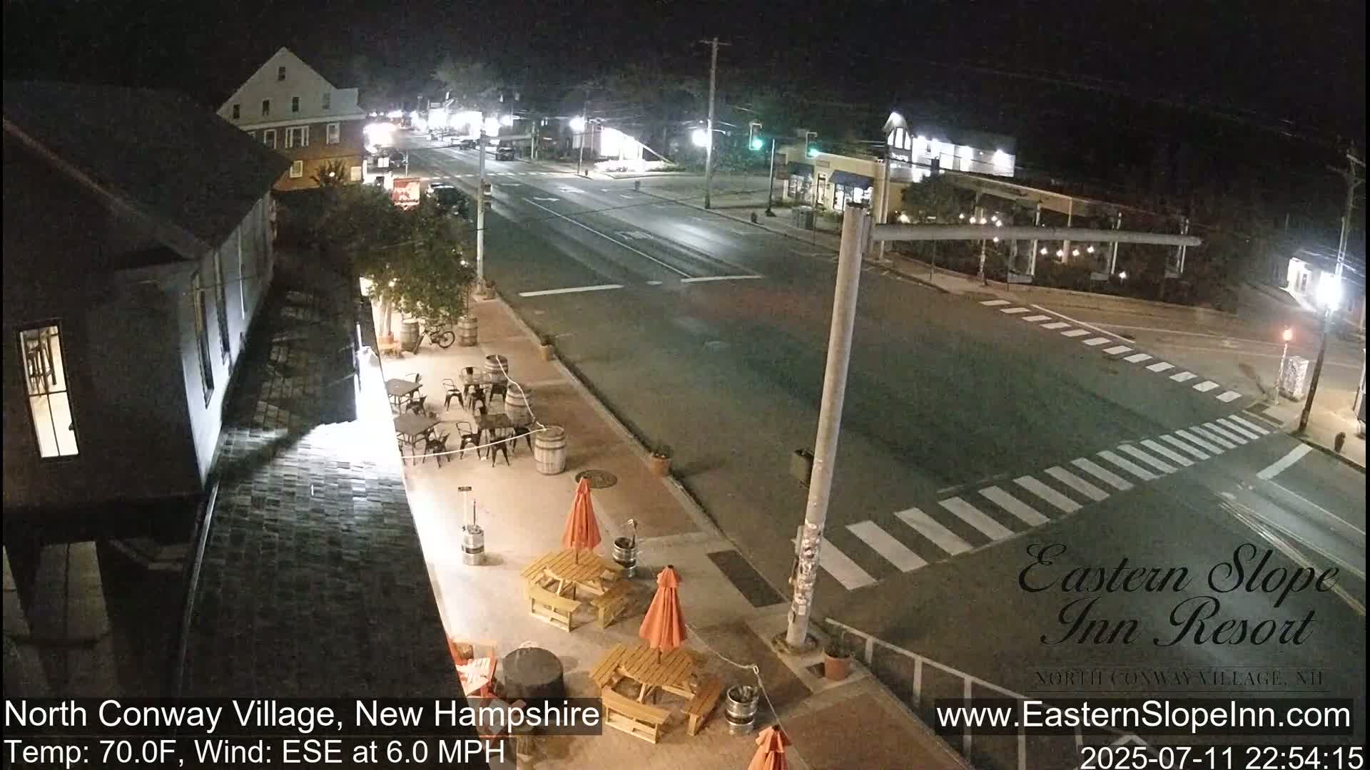 A nighttime street scene shows a mostly empty road intersecting with a crosswalk, several buildings, and outdoor seating with umbrellas at a patio.