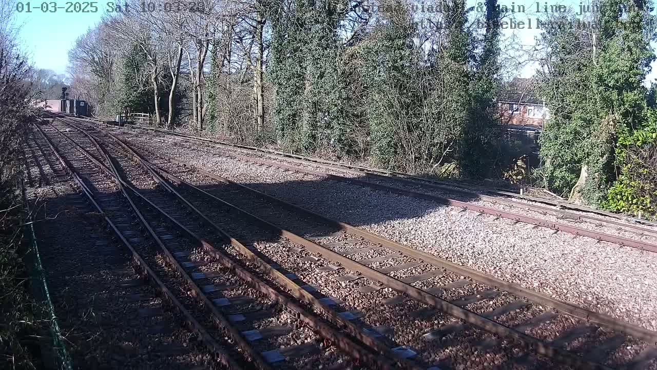 A sunny day reveals a railway junction surrounded by trees and shrubs, with a building partially visible in the background.