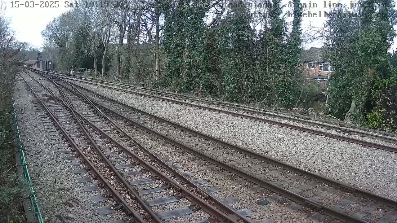 Multiple train tracks diverge from a point, bordered by trees and a house in the distance, under a cloudy sky.